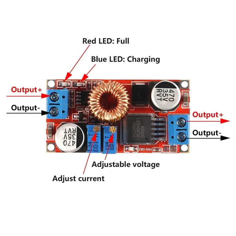 Detailed image of XL4015 DC-DC converter connections