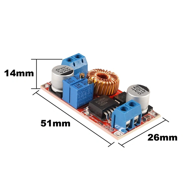 Image with XL4015 module dimensions – 51mm length, 26mm width, 14mm height