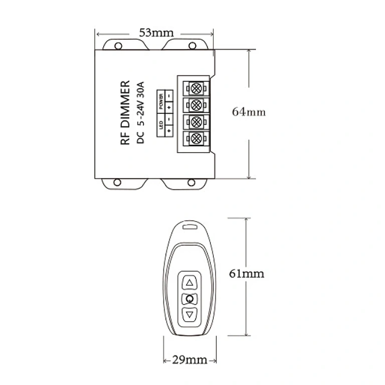 Image with exact dimensions of dimmer for 5V 12V 24V 30A LED strip