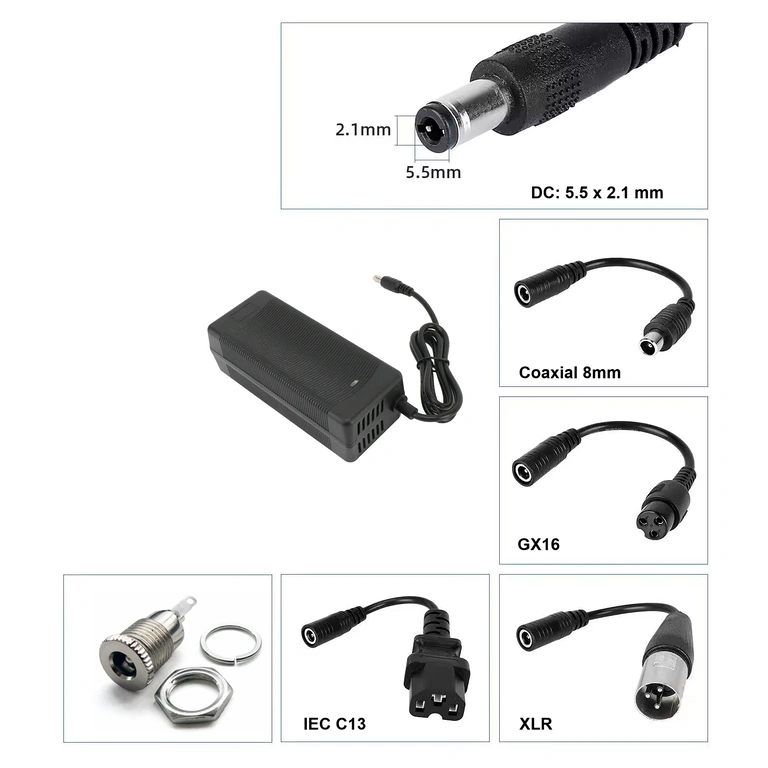 36V–42V 3A charger with DC 5.5×2.1 mm connector, compatible with scooters and e-bikes
