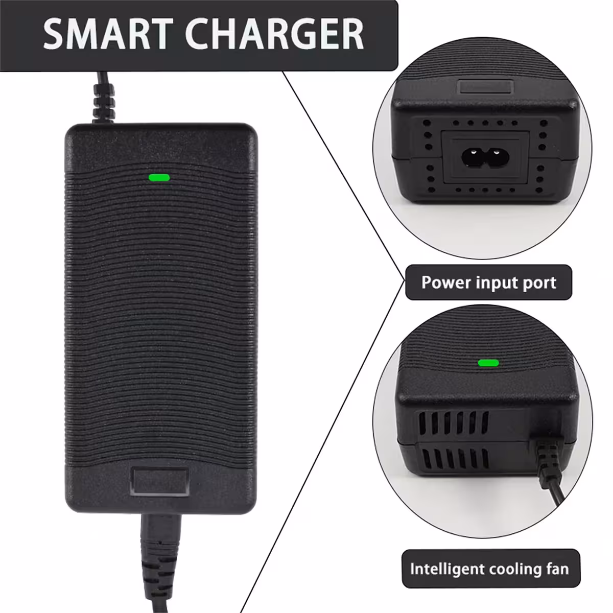 48V–54.6V 2A charger with GX16 (3-pin) plug for entry-mid e-bikes and off-brand scooters