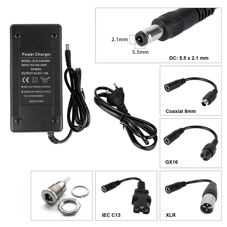 Charger with XLR 3-Pin Plug 48V–54.6V 2A charger with XLR 3-pin plug, stable and safe for scooters and e-bikes