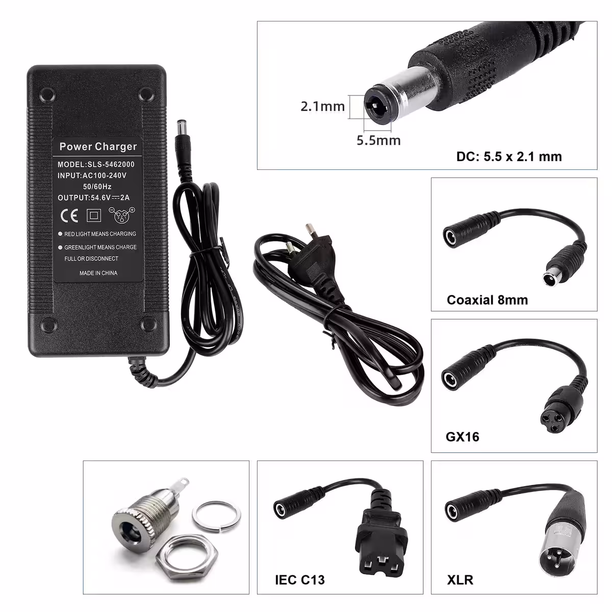 48V–54.6V 2A charger with XLR 3-pin plug, stable and safe for scooters and e-bikes