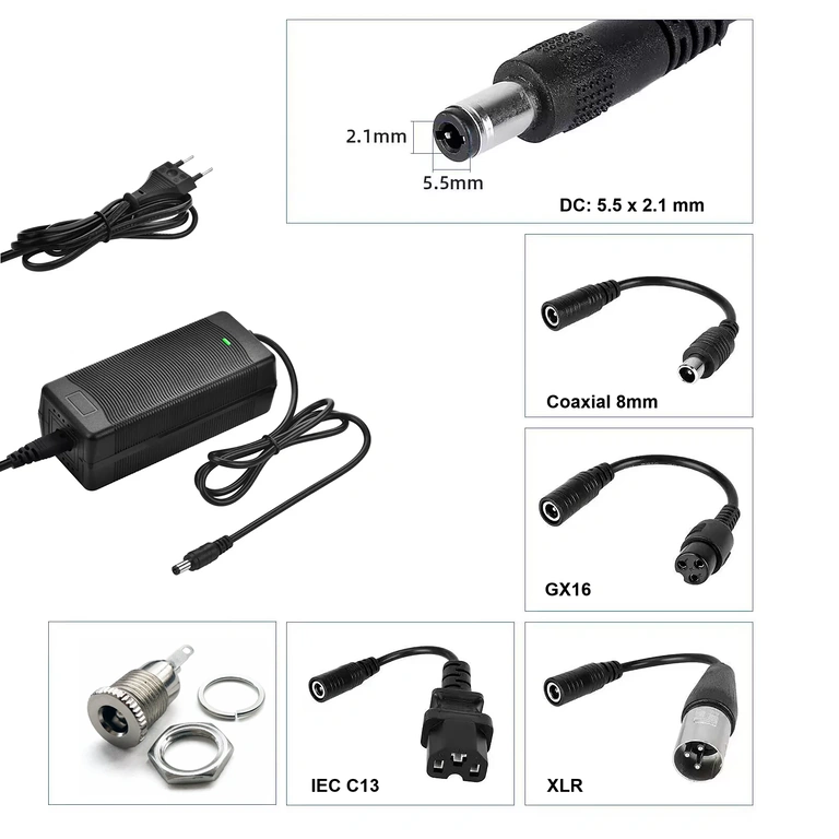 Charger with DC Plug 5.5×2.1 mm 52V–58.8V 2A charger with DC 5.5×2.1 mm connector for scooters and bikes