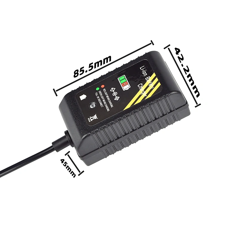 Compact dimensions of 16.8V 2A Li-Ion charger – 90 cm cable, suitable for 14.4V batteries and portable tools