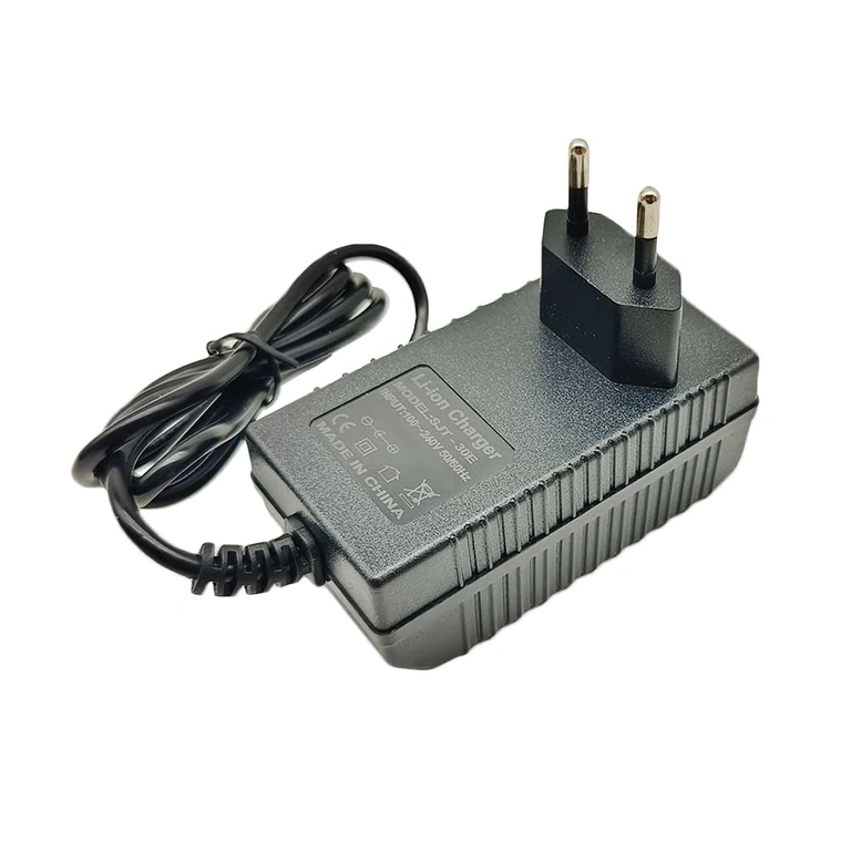 12.6V Li-Ion charger – rear view with 5.5×2.1 mm jack plug for 10.8V battery charging, LED status included