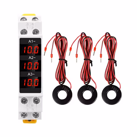 Three-Phase Digital Ammeter for Electrical Panel – 1–100A Current Measurement, DIN Rail Mount