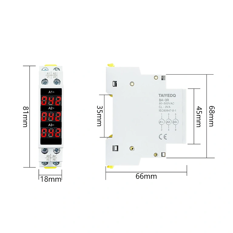 Dimensions 81mm x 18mm x 66mm of Three-Phase Ammeter, Ideal for DIN Rail Mounting