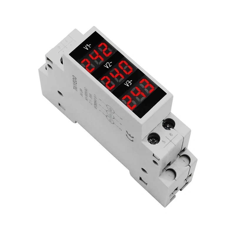 Three-Phase Digital Voltmeter – Front View Three-Phase Digital Voltmeter Mounted on DIN Rail, Front View