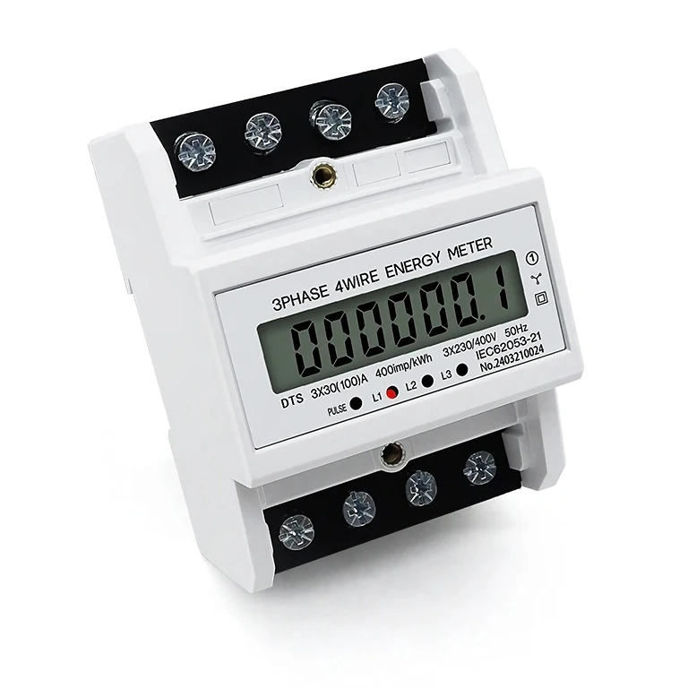 Three-Phase Digital Energy Meter Mounted on DIN Rail, Front View