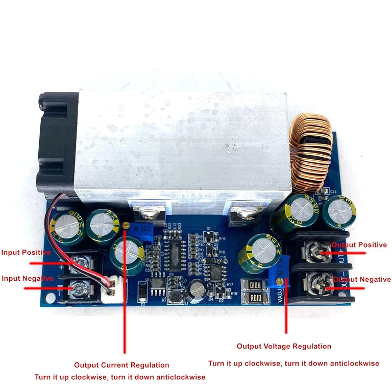 DC-DC Step-Down 600W 25A Converter with Visible Labels: Input Voltage, Output Voltage, and Maximum Current