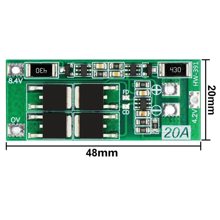 Image Showing Exact Dimensions of 2S 20A 7.4V BMS Module, Useful for Compatibility Checks in Projects