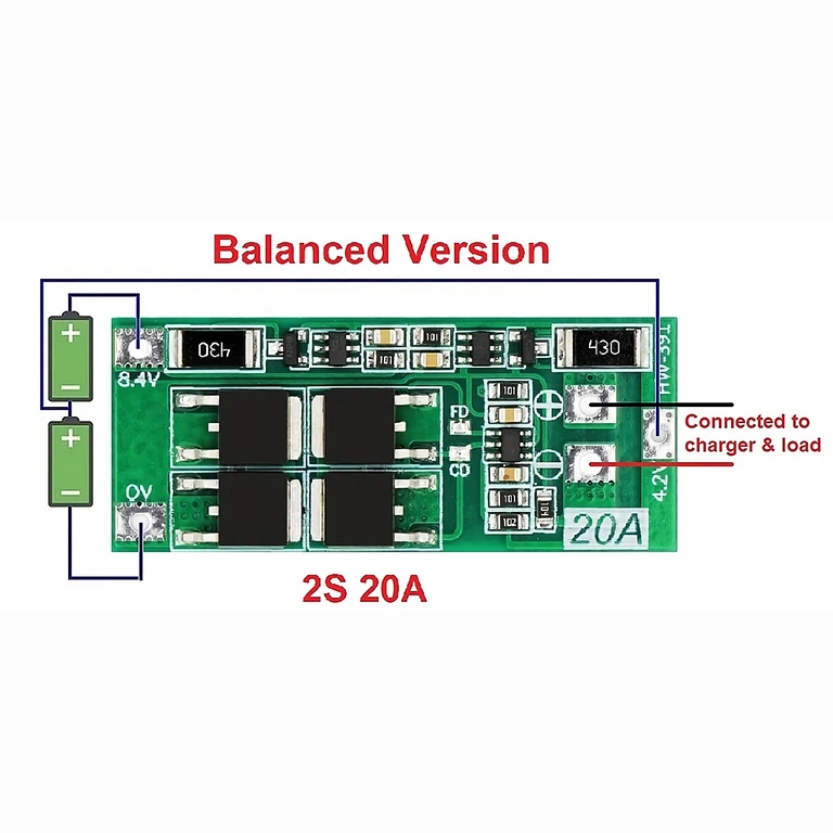 Detailed Wiring Diagram for 2S 20A 7.4V BMS Module with Balancing, Showing Battery and Output Connections