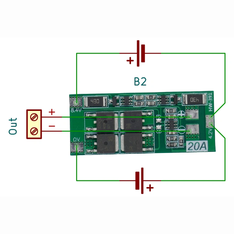Electrical Diagram for 2S 20A BMS Module with Balancing, Useful for Correct Installation in Li-ion Packs