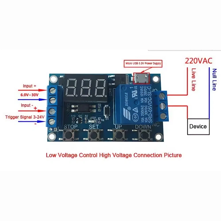 Visual Instructions for Connections of 6–30V Relay Module with Adjustable Timer