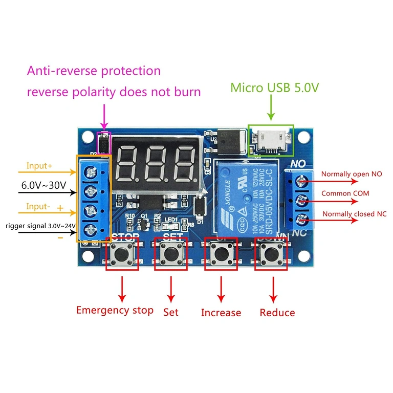 Complete and Detailed Diagram for 6–30V Delay Relay Module with Adjustable Time