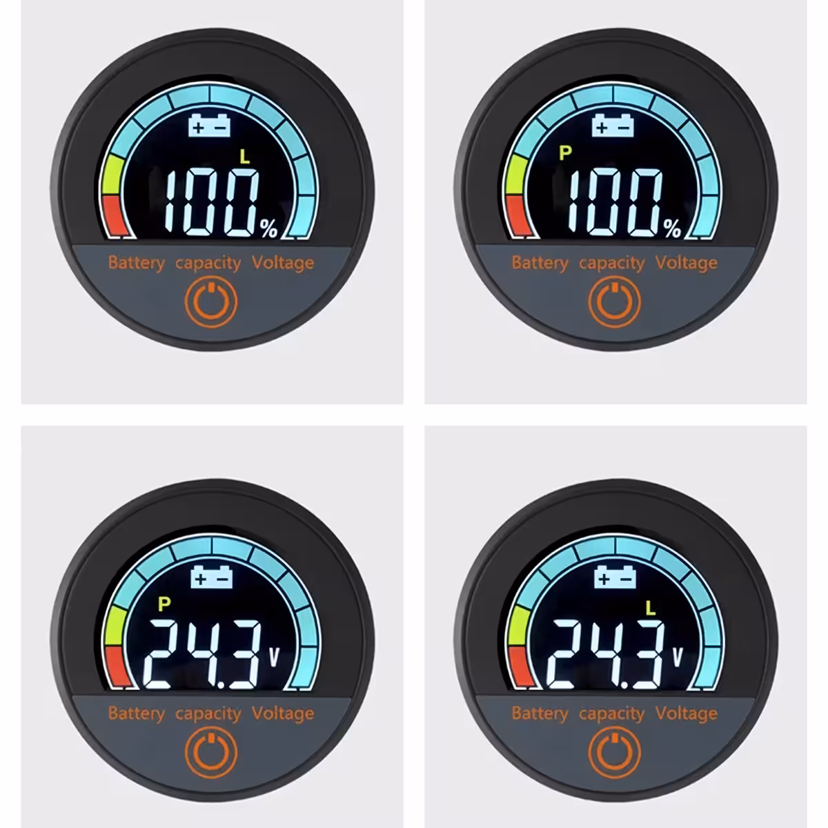 Close-Up of LCD Color Screen of Digital Indicator, Voltage and Battery Percentage Display, Li-ion and LiFePO4 12V–72V