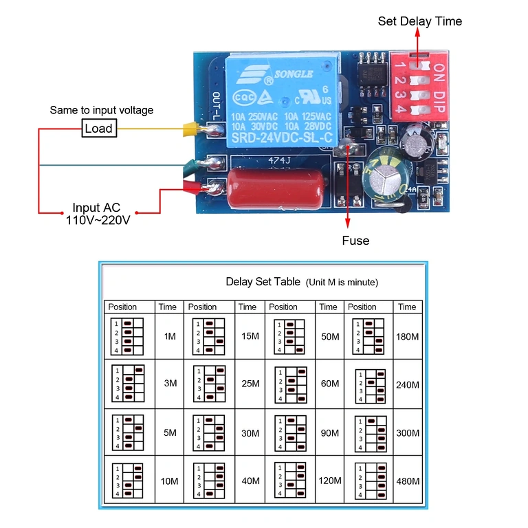 Time Relay Module – DIP Switch Position for Desired Interval