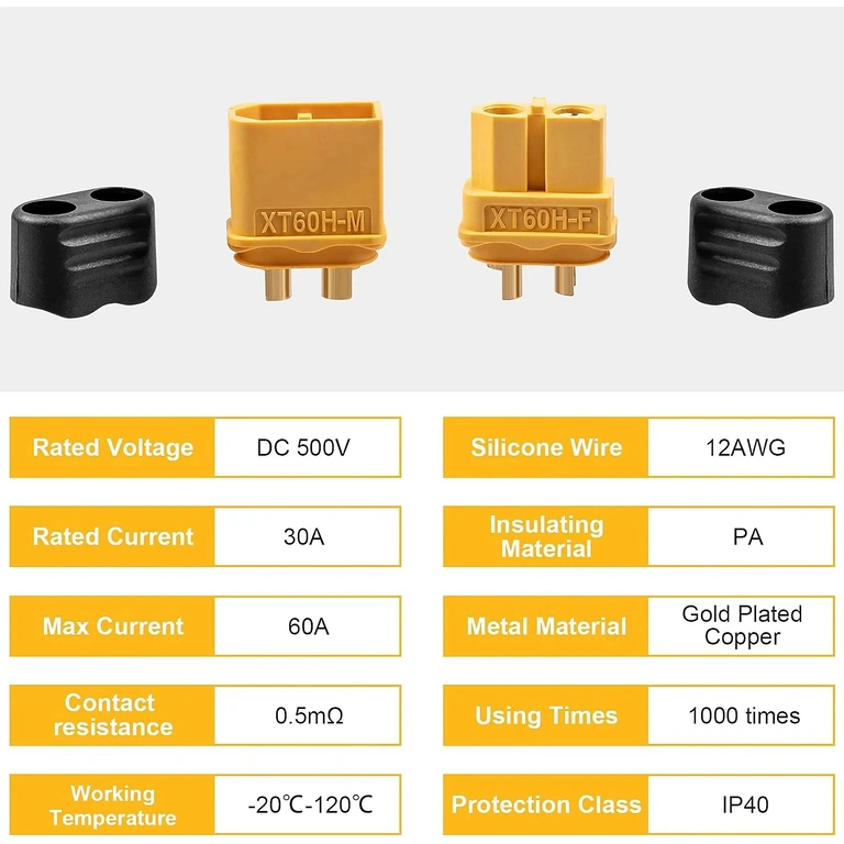 Table with Technical Specifications of 5 XT60H Male + Female Connectors