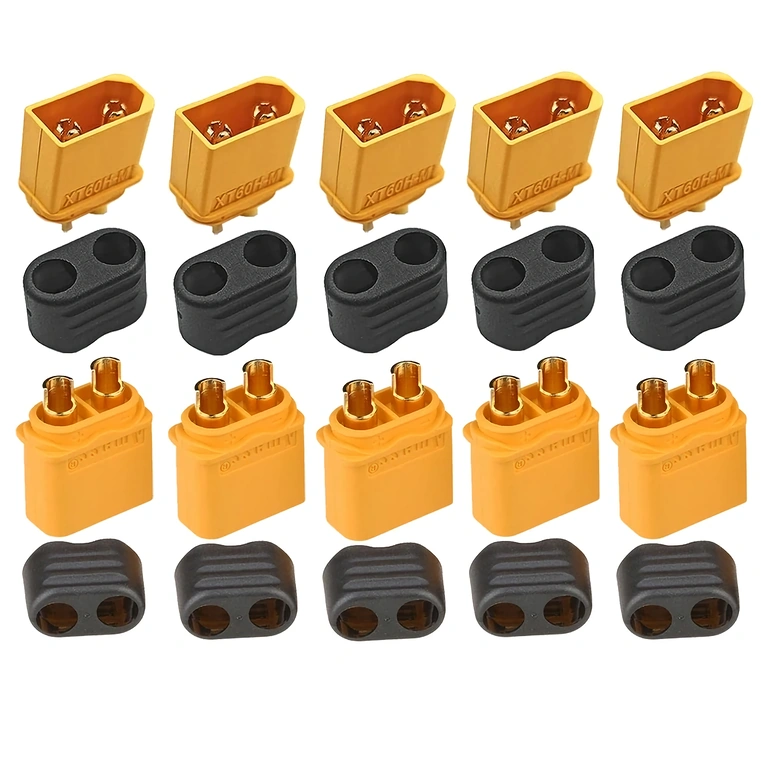 Top View of the 5 XT60H Connector Set, Showing Gold Contacts