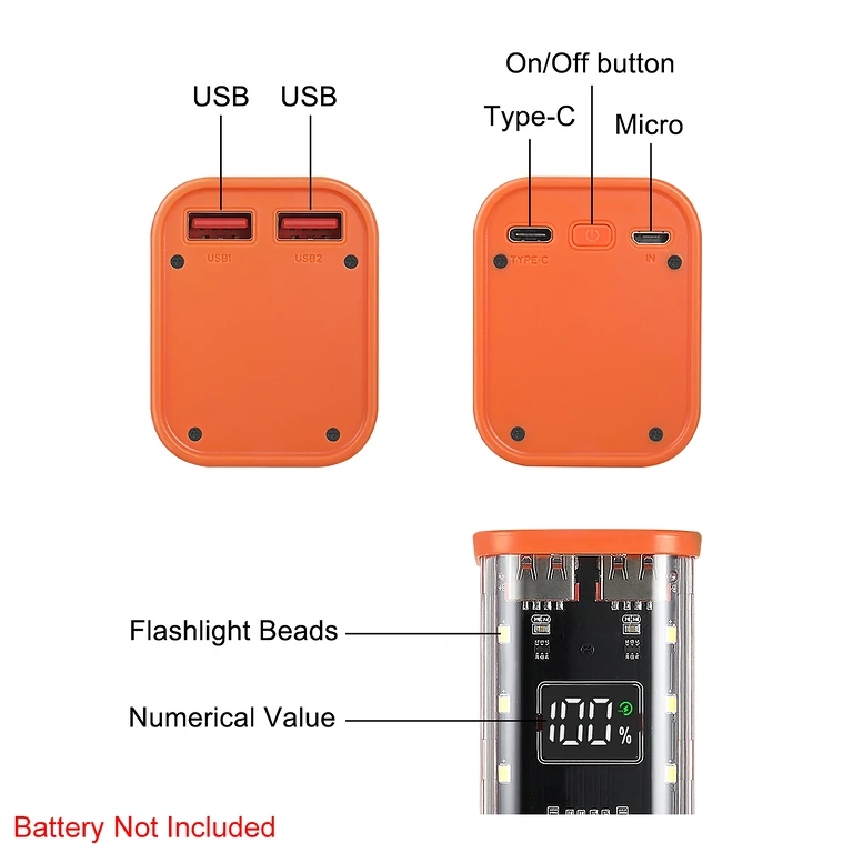 USB-A and USB-C Ports on PD QC Power Bank Case