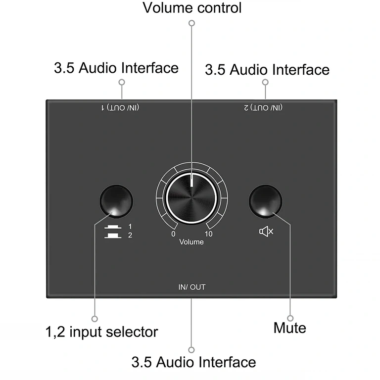 Detailed Image of Stereo Audio Switch Buttons, Explaining Functions